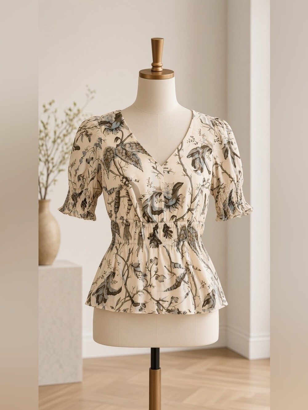 Spartina 449 Botanical V-Neck Peplum Top Cream/Blue Size XS